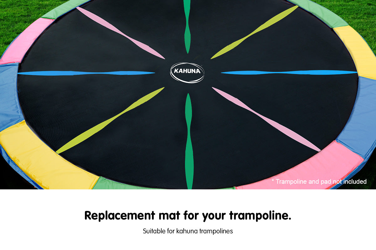 Kahuna 12ft trampoline replacement spring mat in vibrant rainbow colors, showcasing high-strength polypropylene fabric and smooth surface.