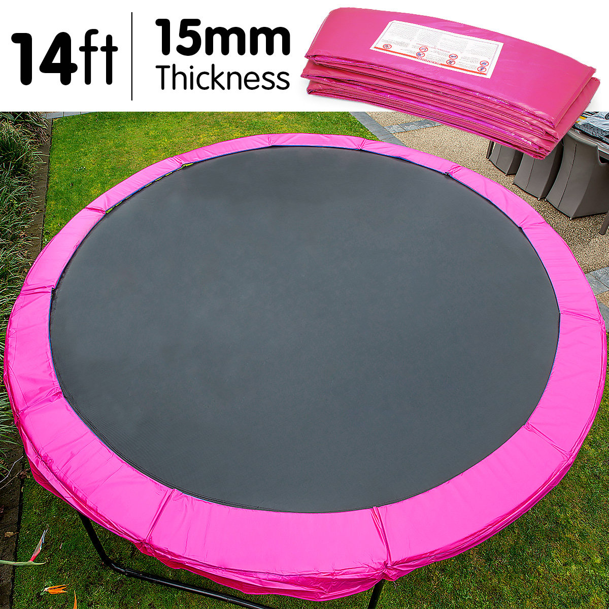 Kahuna 14ft trampoline replacement pad in pink, featuring a durable PVC exterior and high-density foam padding for safety and comfort.