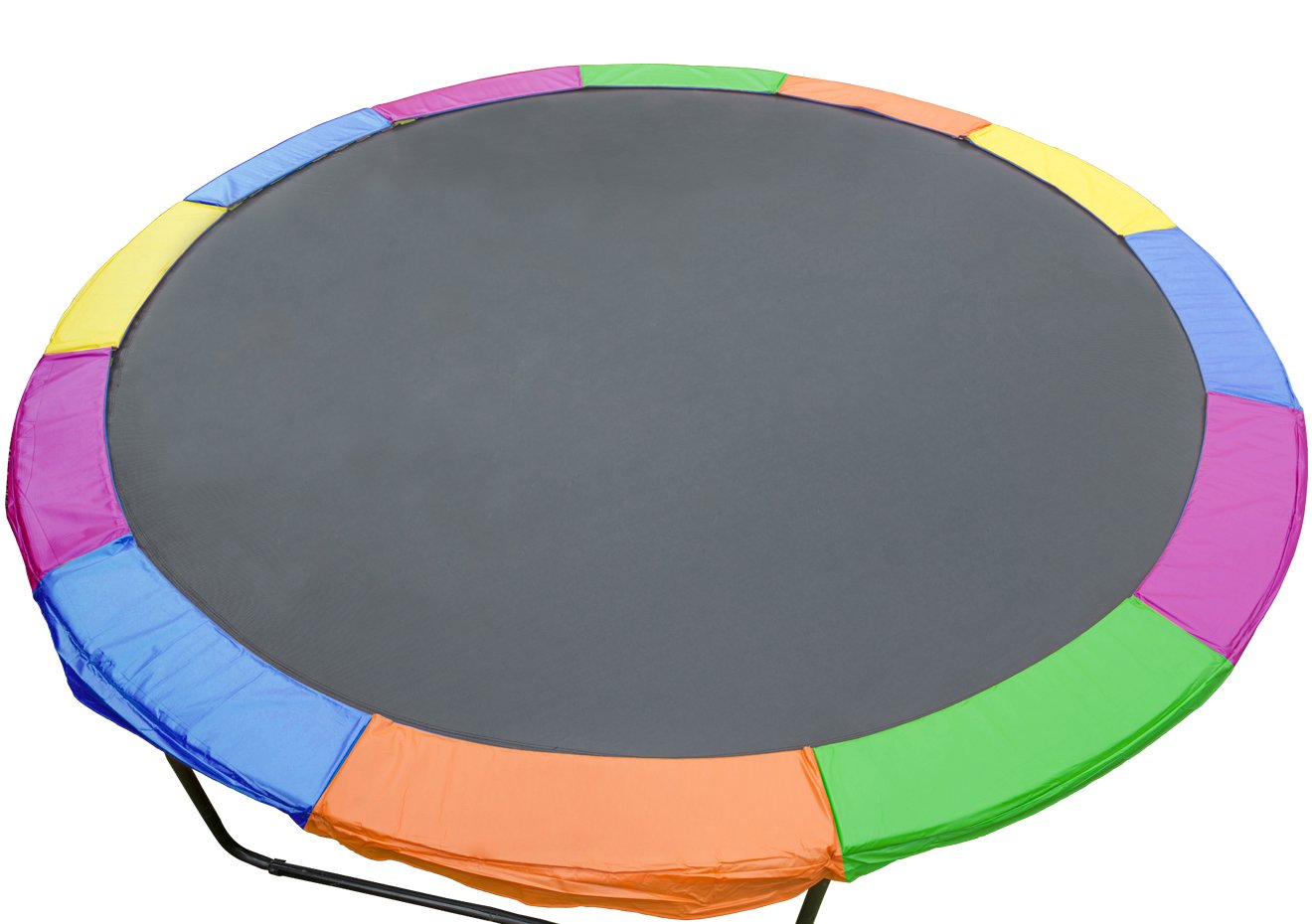 Kahuna 14ft trampoline replacement pad in rainbow colors, showcasing tough weatherproof PVC and nylon mesh reinforcement.