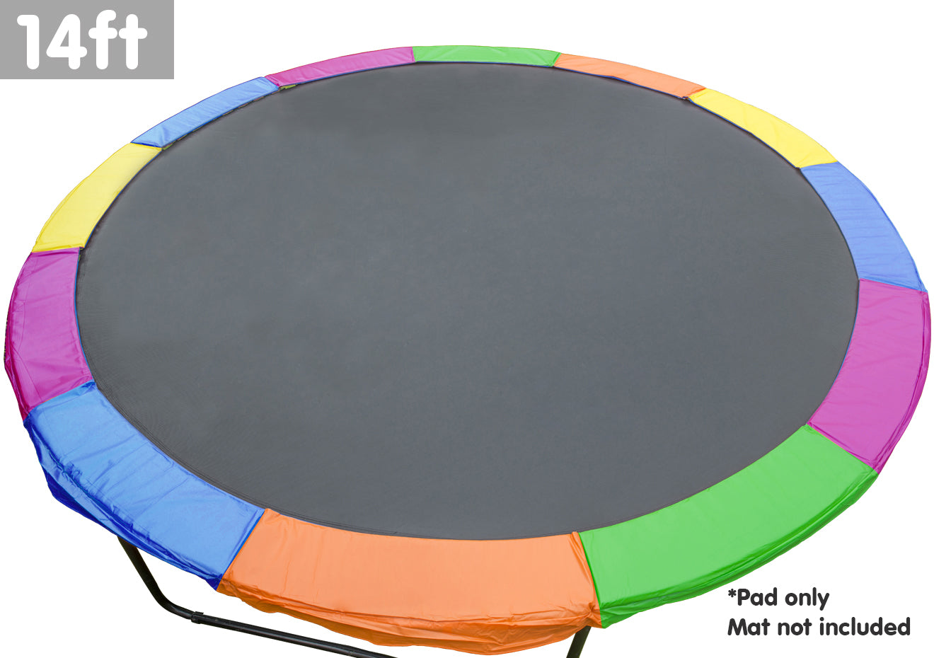 Kahuna 14ft trampoline replacement pad in rainbow colors, showcasing tough weatherproof PVC and nylon mesh reinforcement.