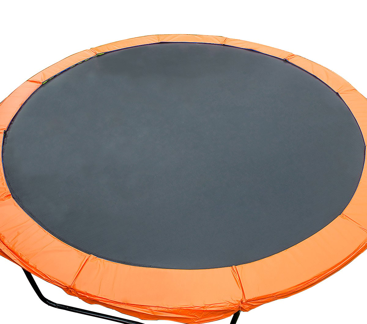 Kahuna 16ft round trampoline replacement pad in orange and blue, showcasing durable PVC material and high-density foam padding.