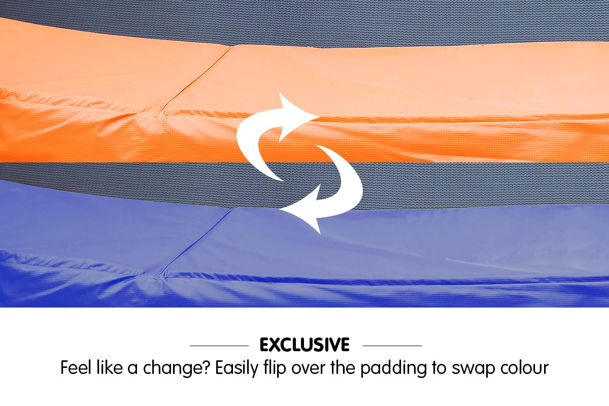 Kahuna 16ft round trampoline replacement pad in orange and blue, showcasing durable PVC material and high-density foam padding.