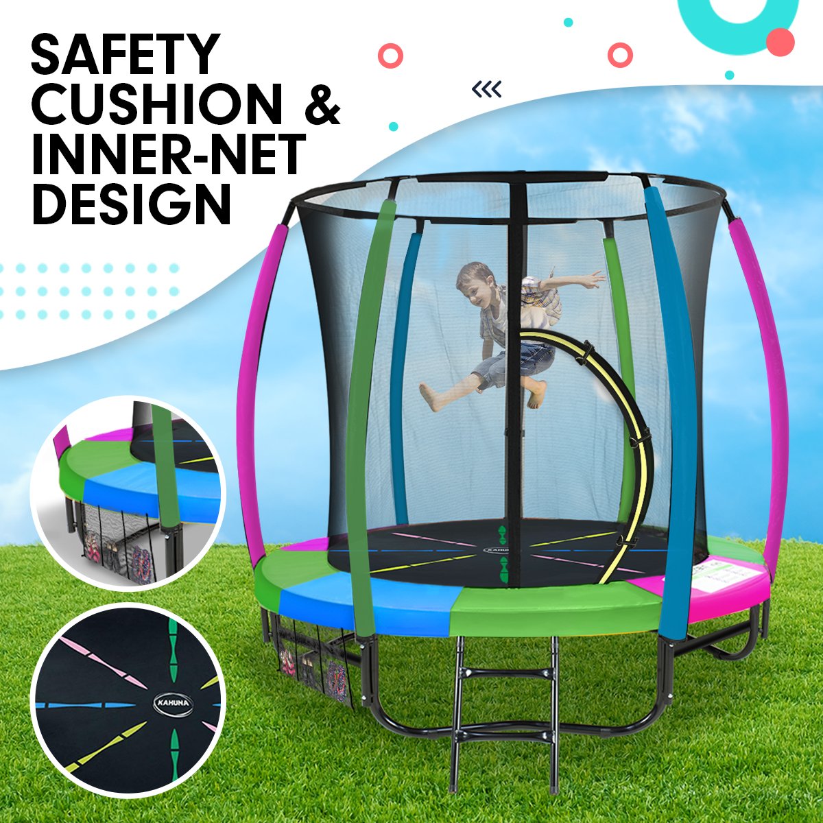 Kahuna 6ft trampoline with safety net and padded springs, designed for children's outdoor fun.