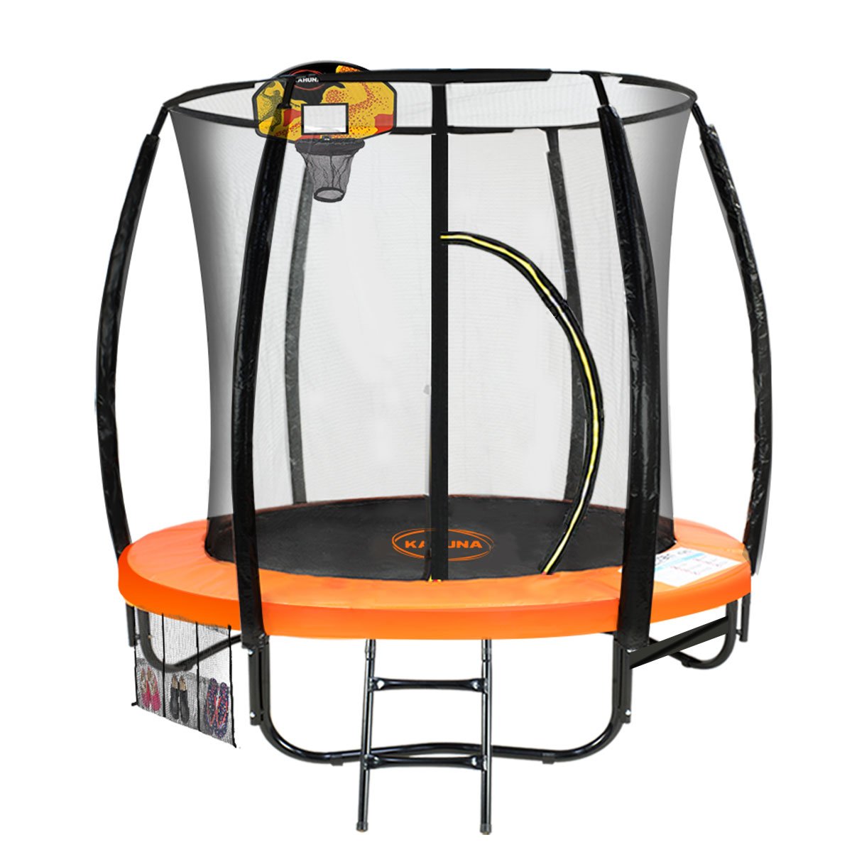 Kahuna 8ft Outdoor Orange Trampoline with safety net and basketball set, perfect for kids' outdoor fun.