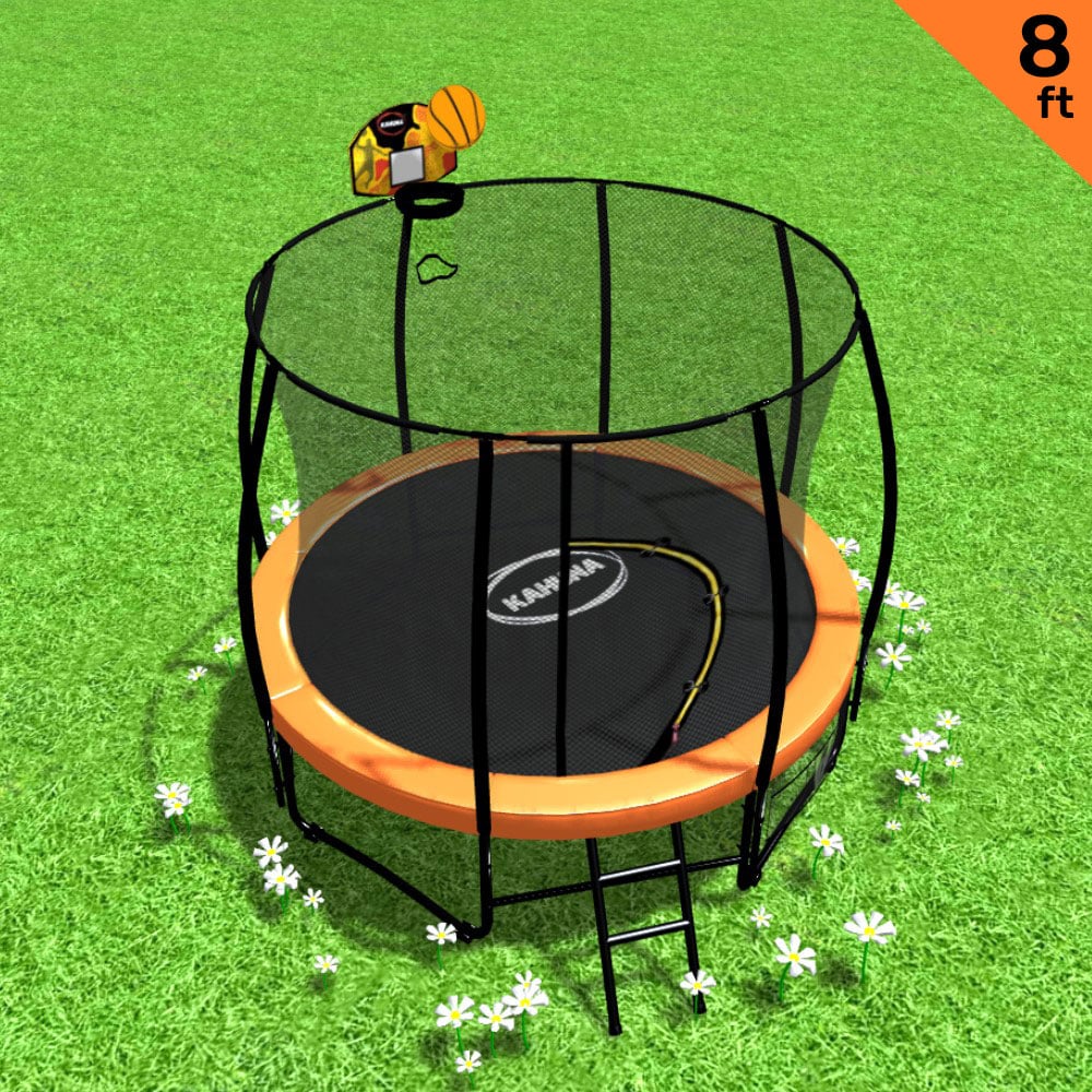 Kahuna 8ft Outdoor Orange Trampoline with safety net and basketball set, perfect for kids' outdoor fun.