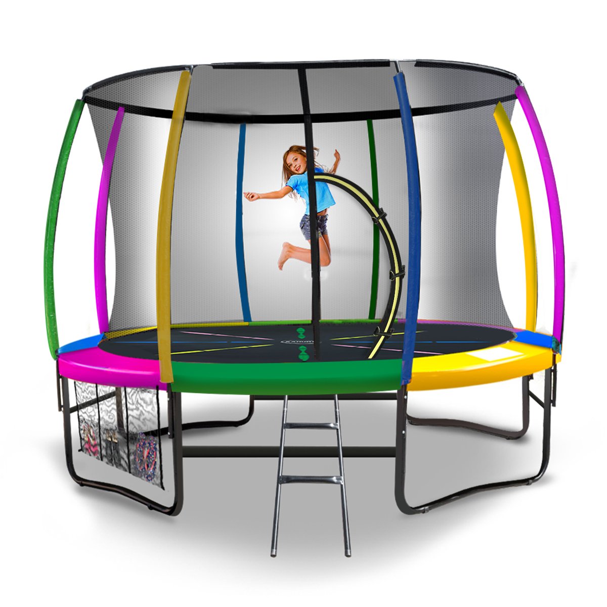 Kahuna 8ft Outdoor Rainbow Trampoline with safety net and vibrant padding, designed for kids' outdoor fun.