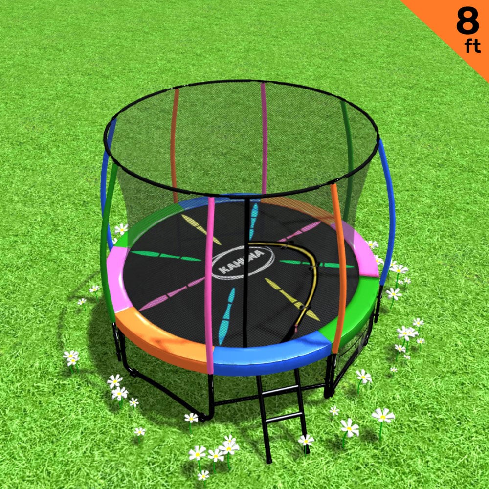 Kahuna 8ft Outdoor Rainbow Trampoline with safety net and vibrant padding, designed for kids' outdoor fun.