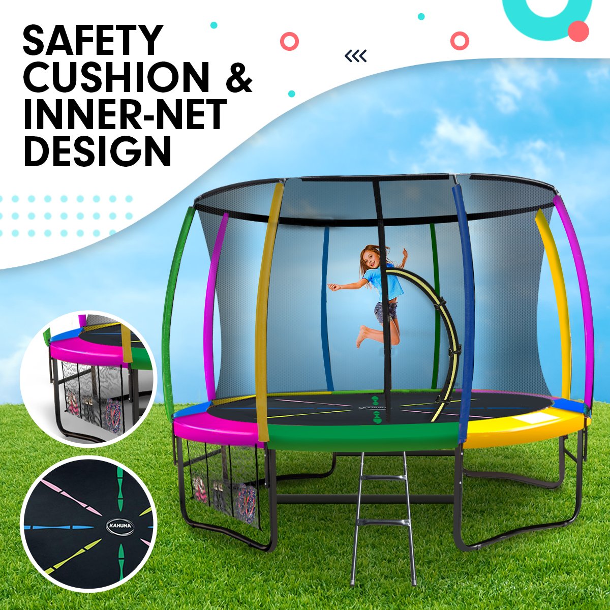 Kahuna 8ft Outdoor Rainbow Trampoline with safety net and vibrant padding, designed for kids' outdoor fun.