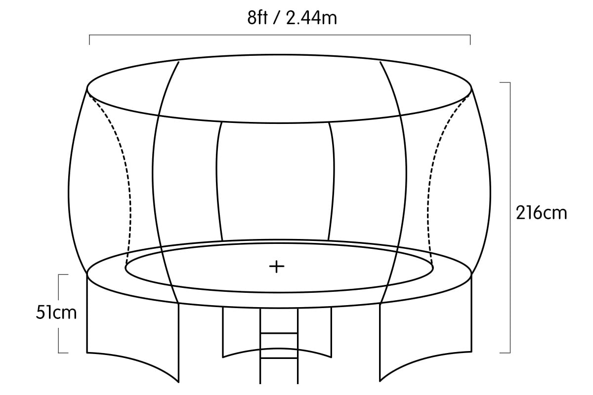 Kahuna 8ft Outdoor Rainbow Trampoline with safety net and vibrant padding, designed for kids' outdoor fun.