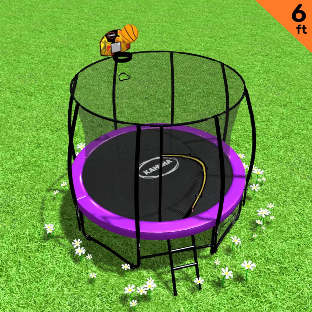 Kahuna Classic 6ft Trampoline with safety net, ladder, and basketball kit in a backyard setting.