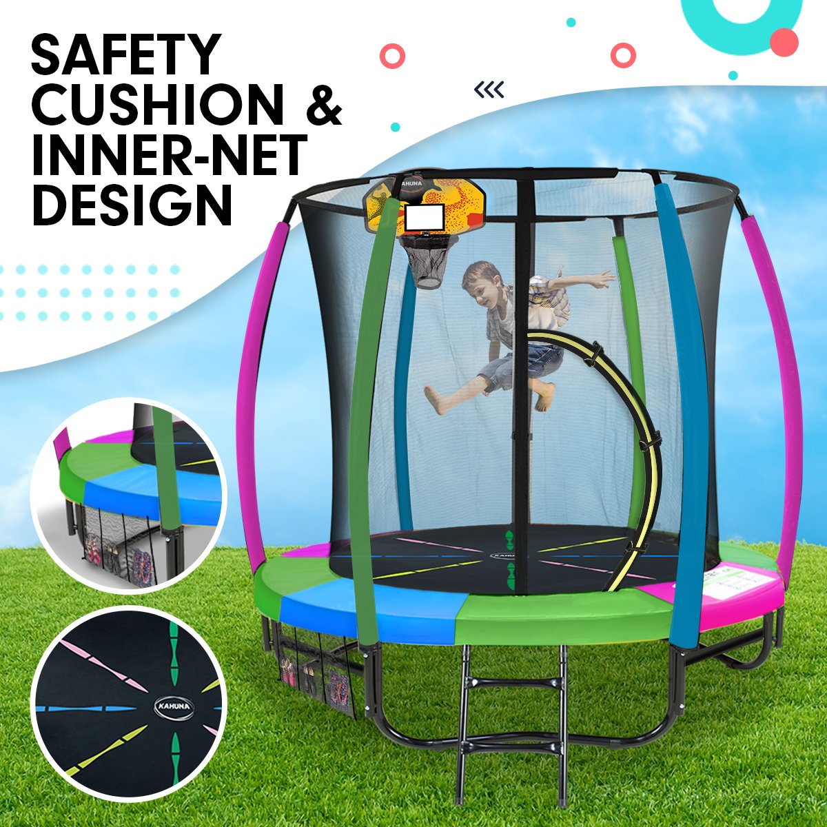 Kahuna Classic 6ft trampoline with safety net, ladder, and padded springs, designed for family fun and safety.