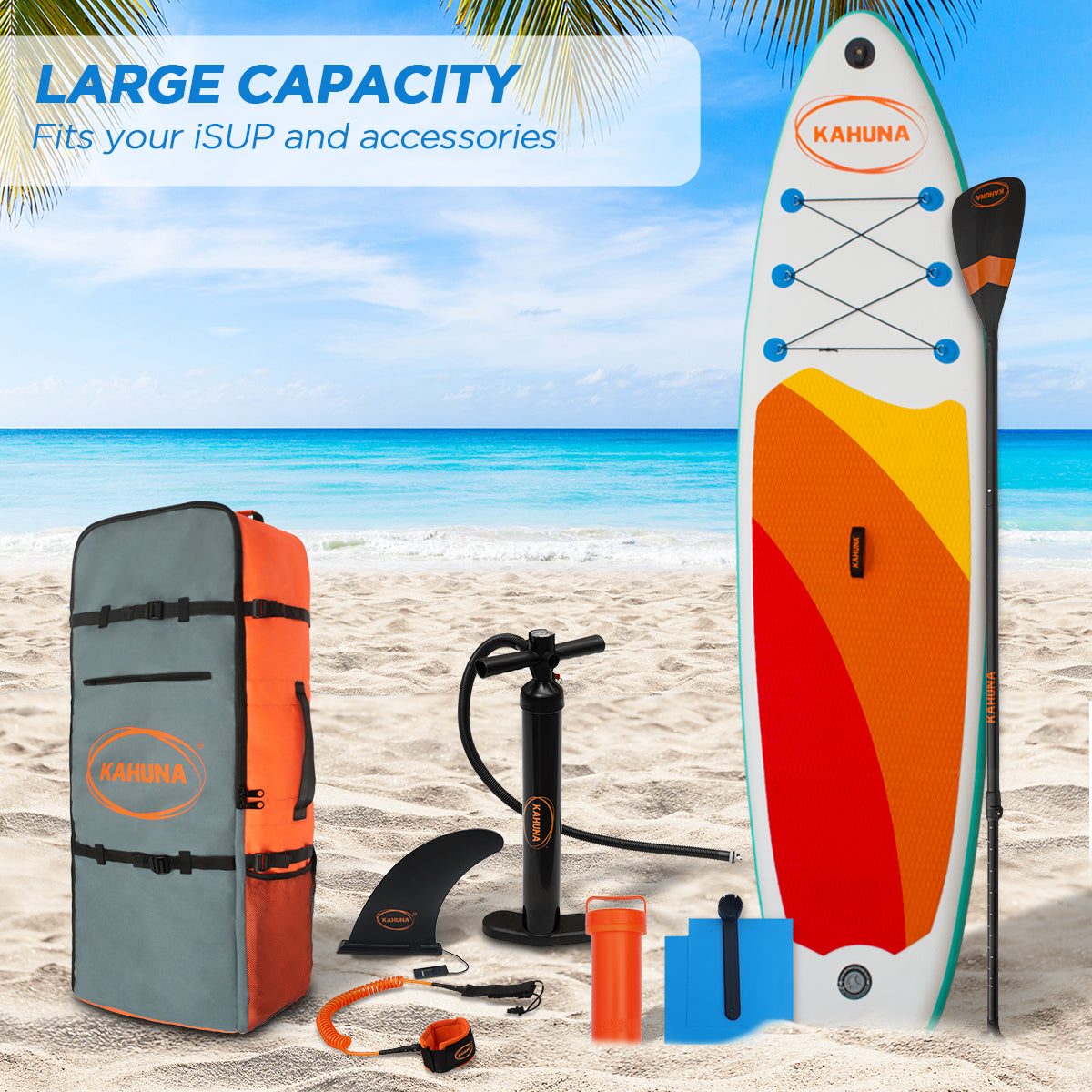 Kahuna Hana Travel Bag designed for inflatable stand up paddleboards, featuring spacious interior, wide straps, and multiple carry handles.