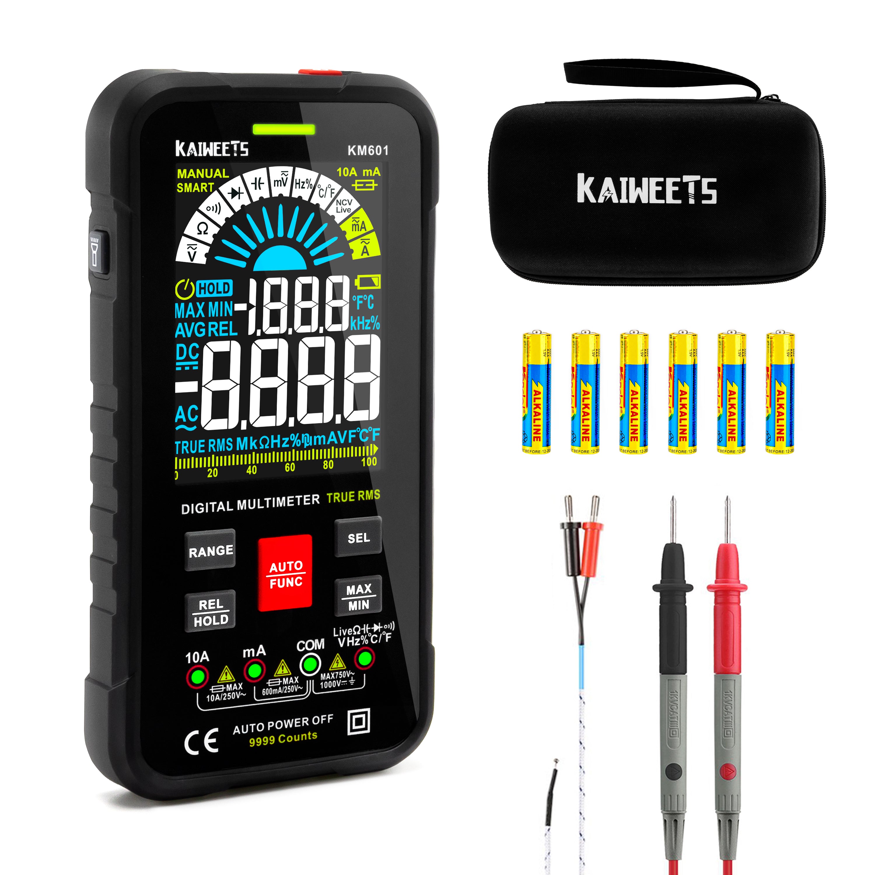 KAIWEETS Digital Multimeter KM601 displaying voltage measurement with a modern design.