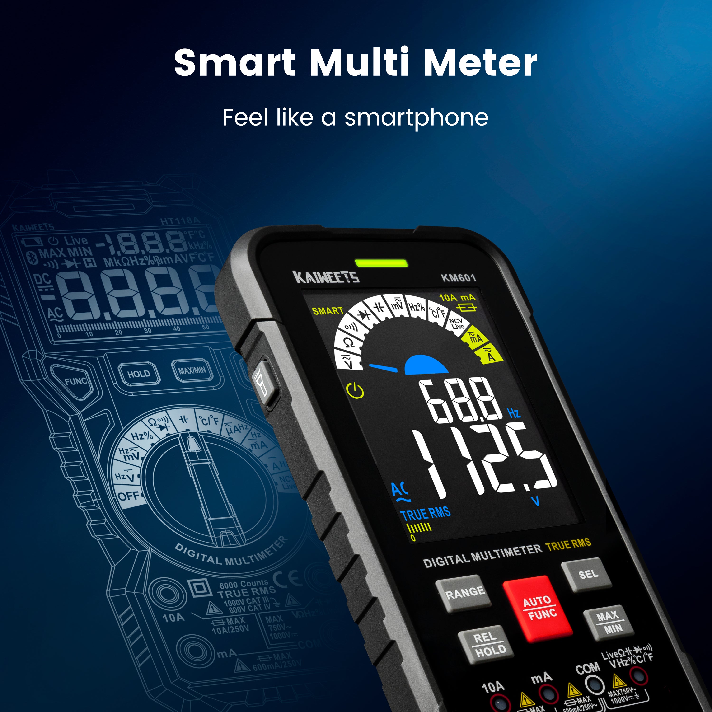 KAIWEETS Digital Multimeter KM601 displaying voltage measurement with a modern design.