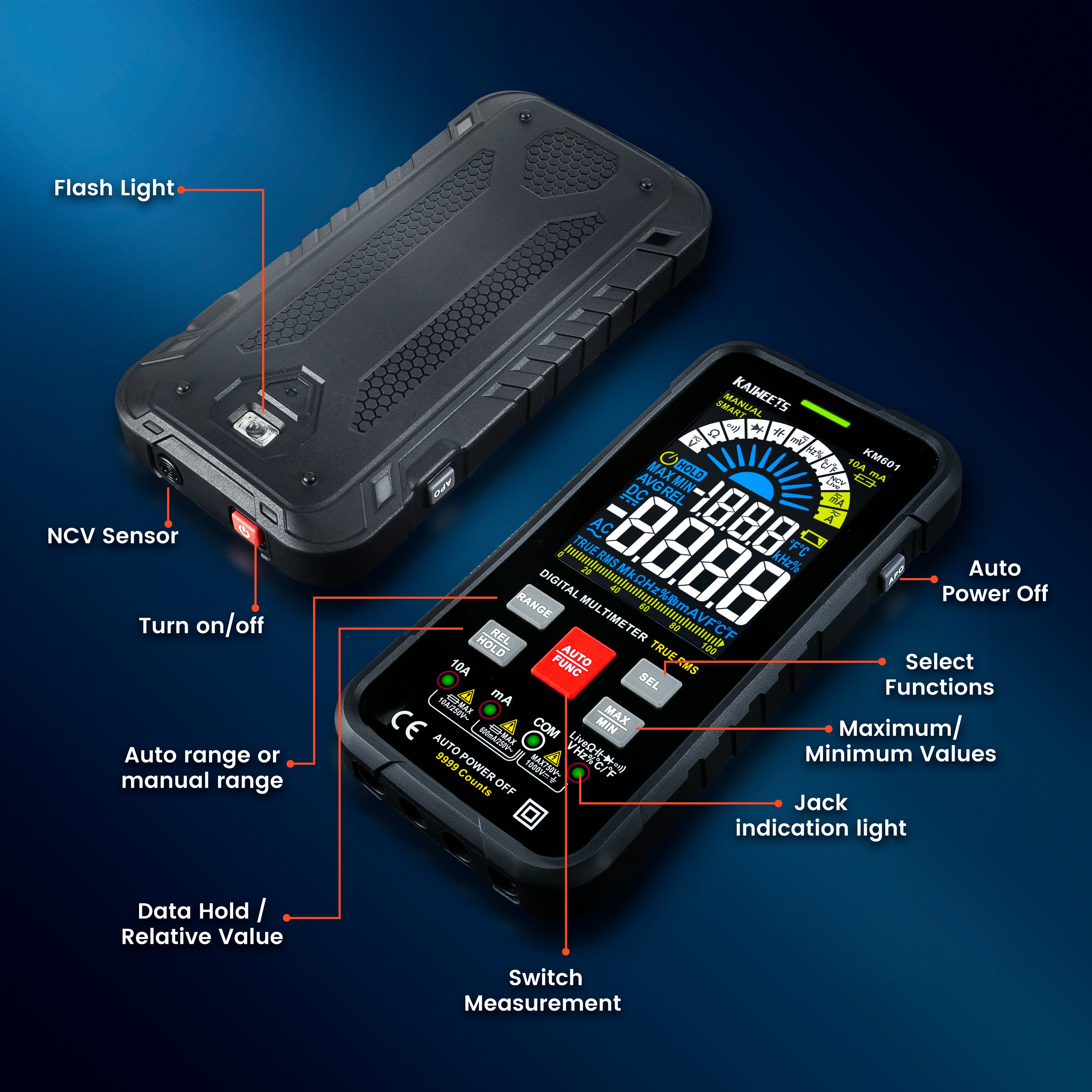 KAIWEETS Digital Multimeter KM601 displaying voltage measurement with a modern design.