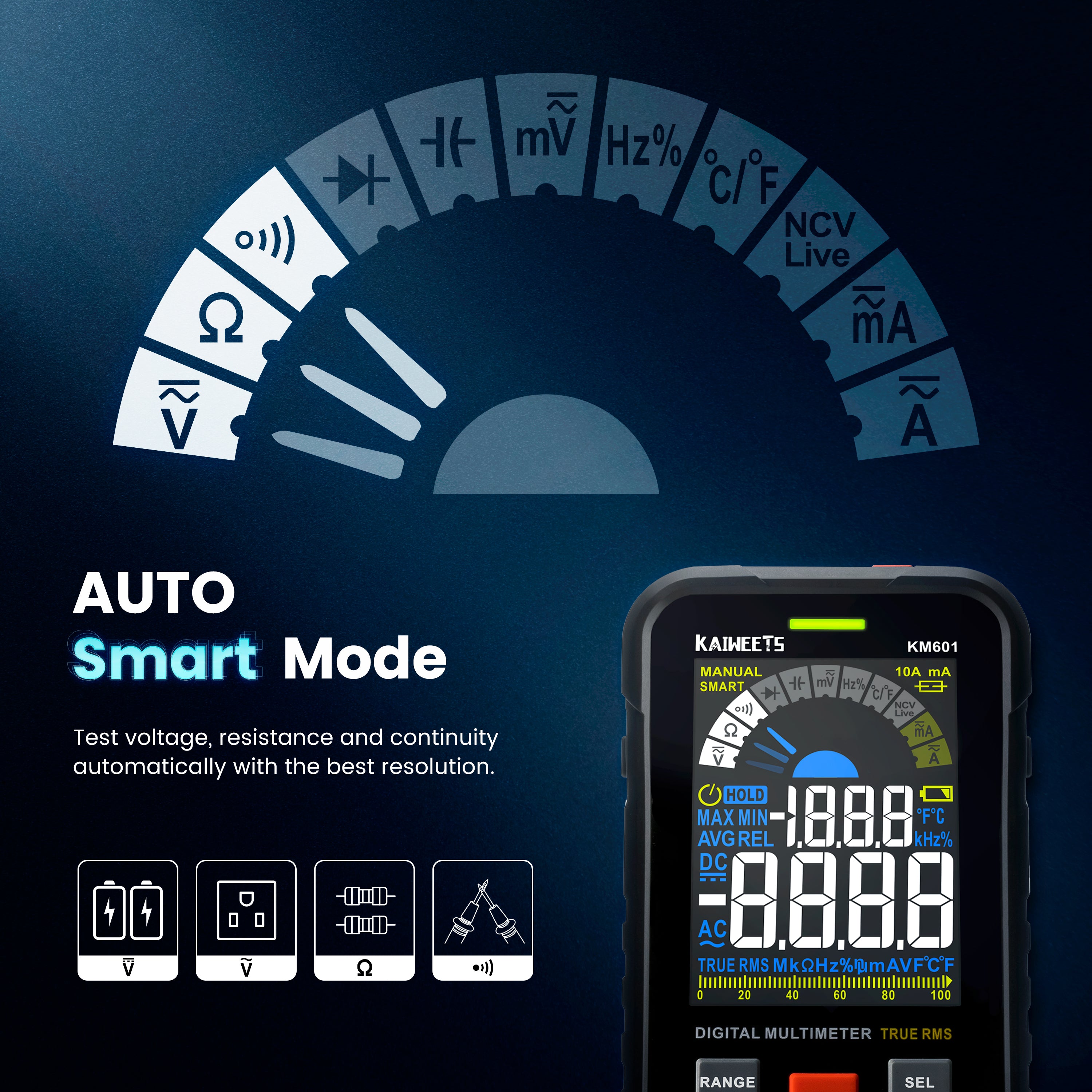 KAIWEETS Digital Multimeter KM601 displaying voltage measurement with a modern design.