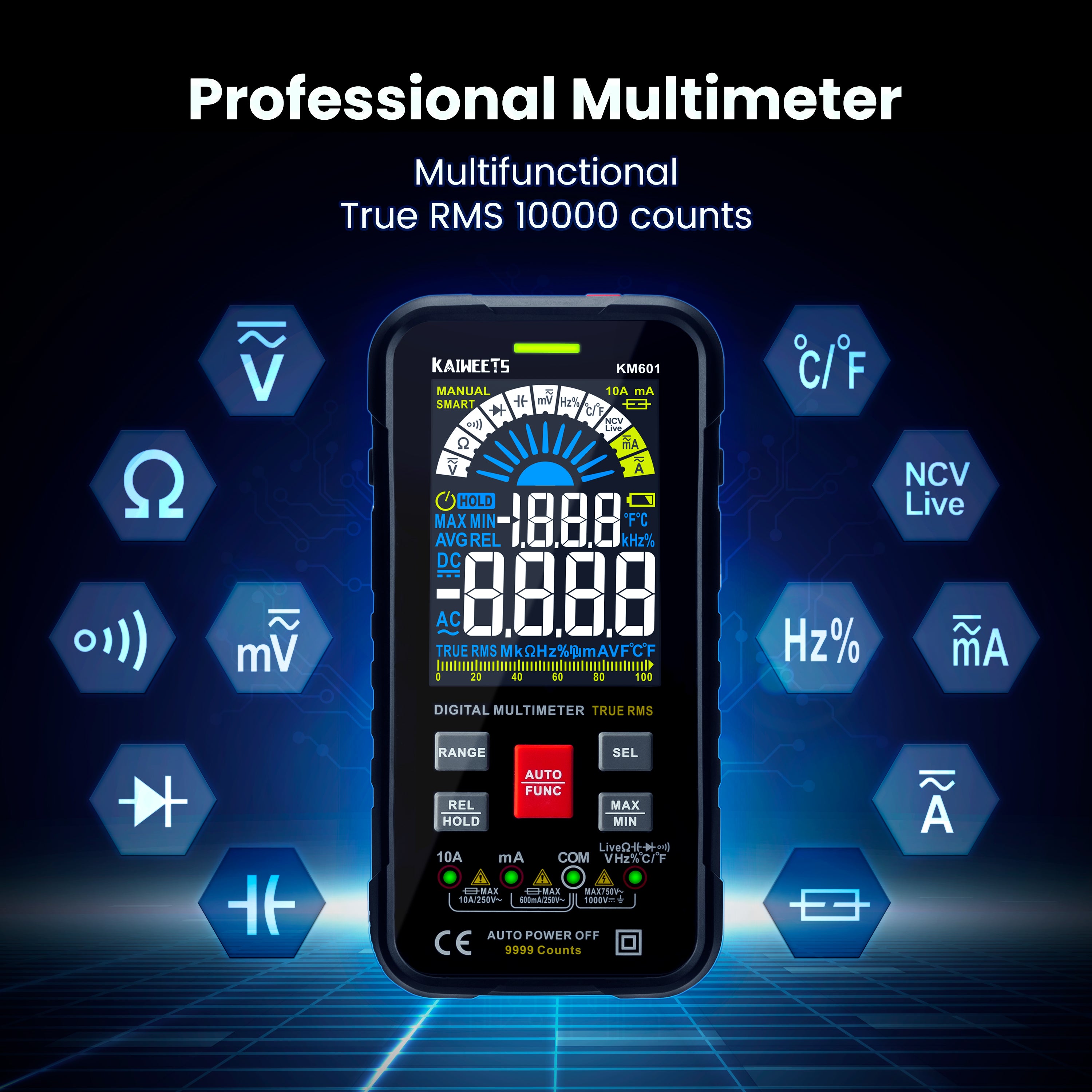 KAIWEETS Digital Multimeter KM601 displaying voltage measurement with a modern design.