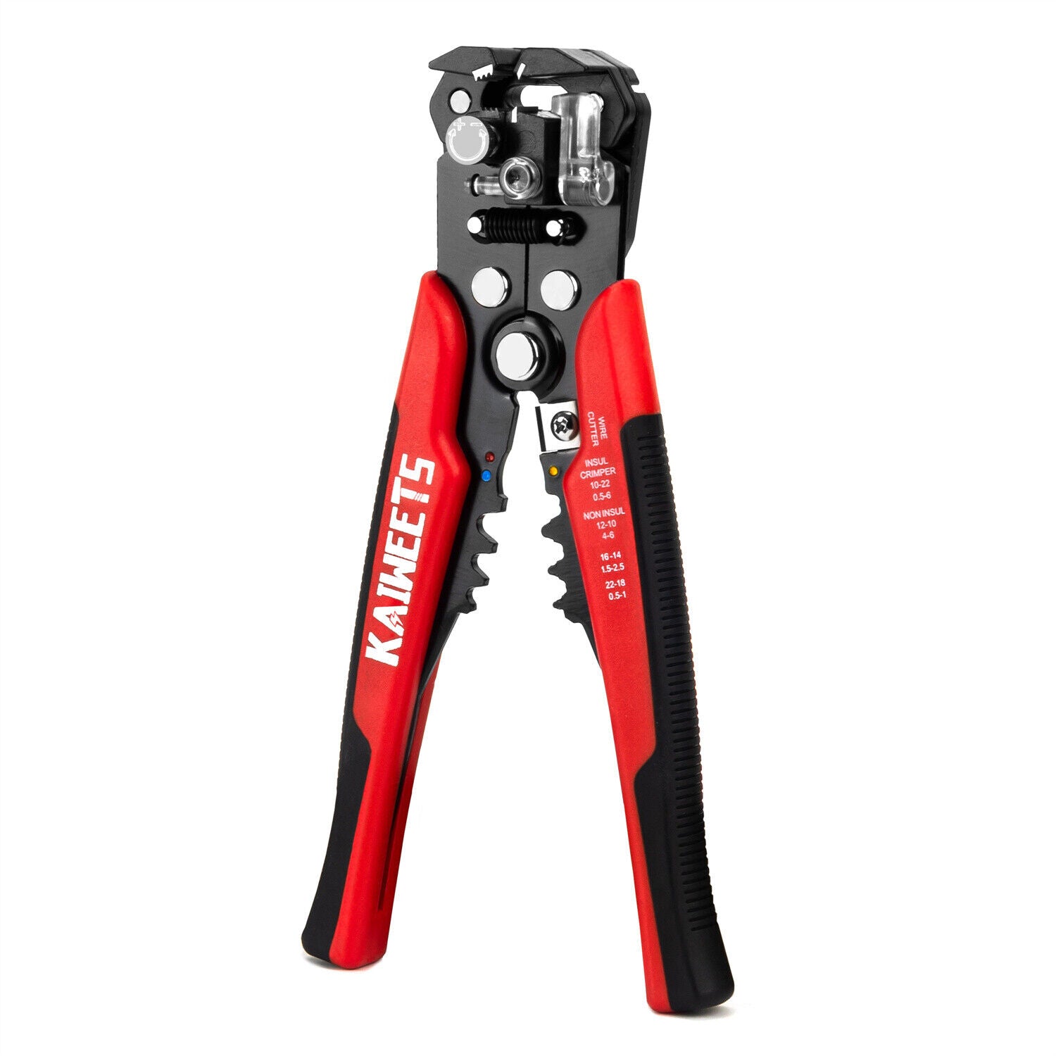 Kaiweets KWS-103 Self Adjusting Wire Stripper with adjustable knobs and rubber feet for stability.