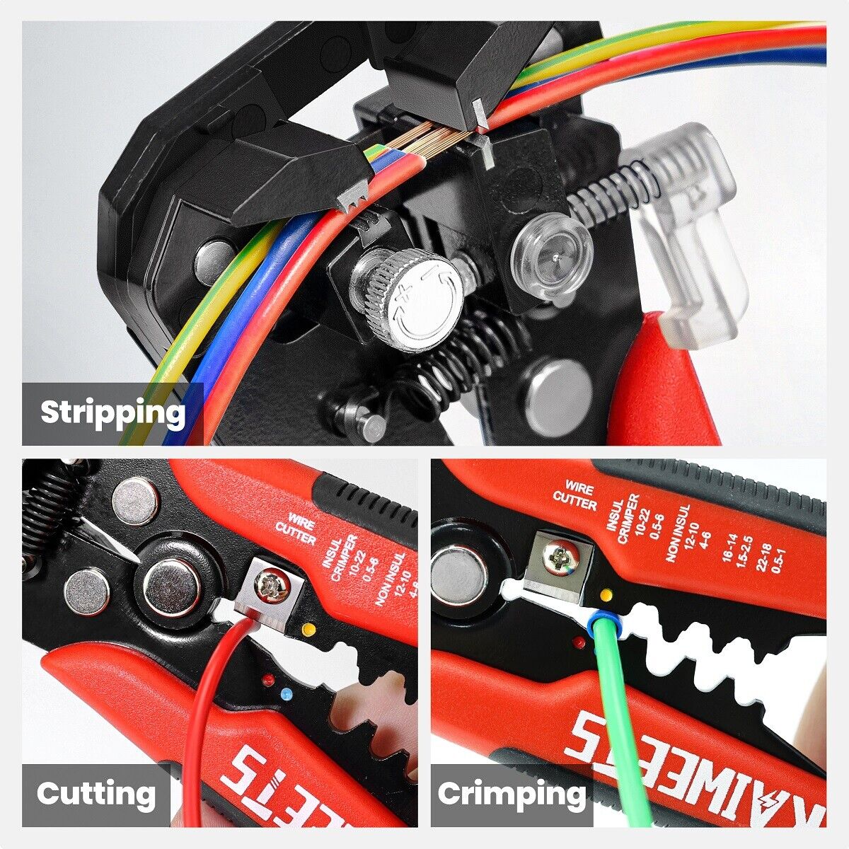 Kaiweets KWS-103 Self Adjusting Wire Stripper with adjustable knobs and rubber feet for stability.