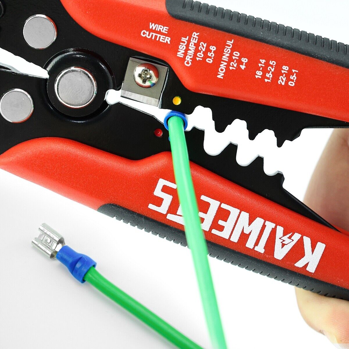 Kaiweets KWS-103 Self Adjusting Wire Stripper with adjustable knobs and rubber feet for stability.