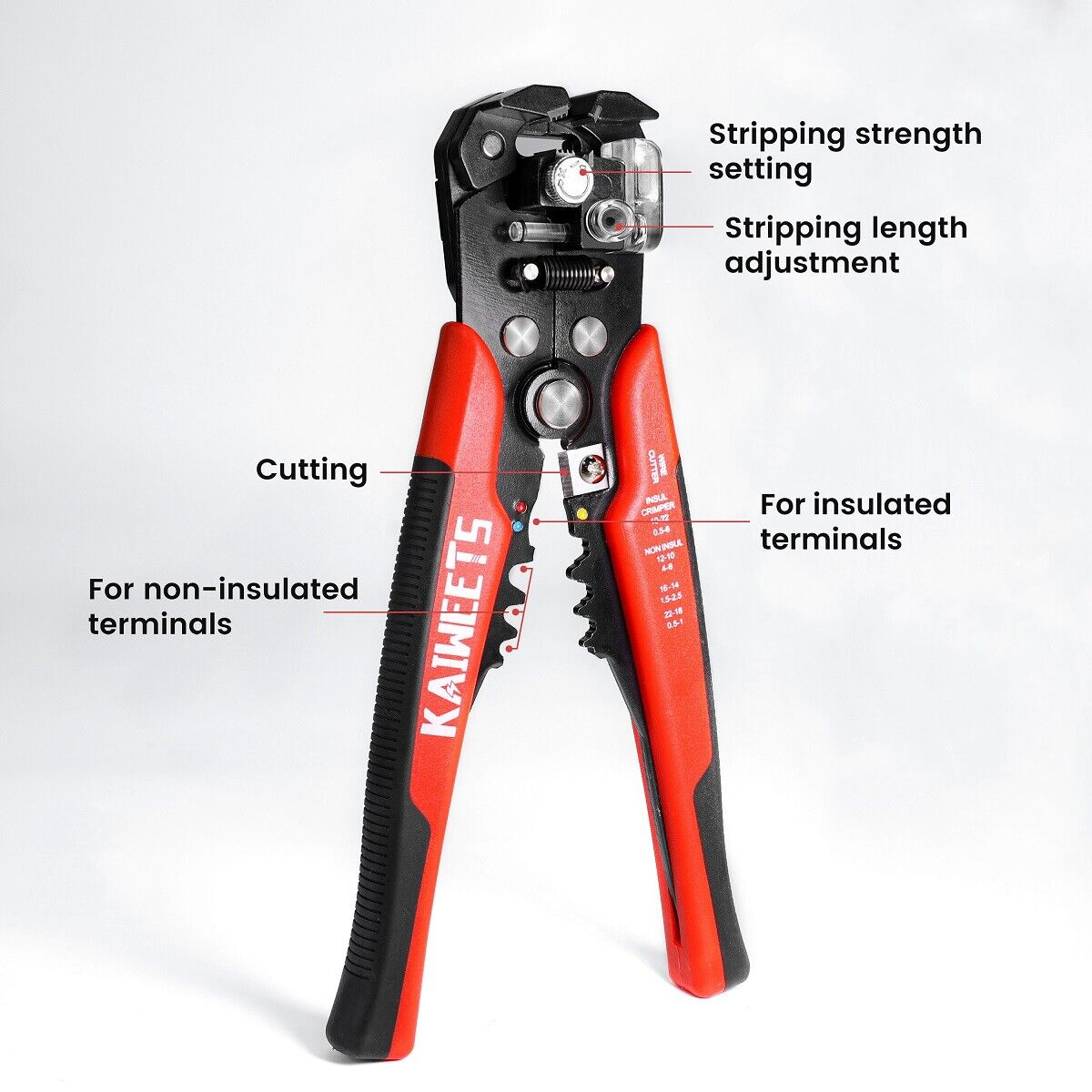 Kaiweets KWS-103 Self Adjusting Wire Stripper with adjustable knobs and rubber feet for stability.