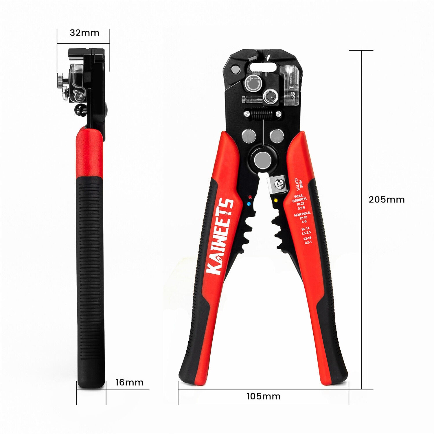 Kaiweets KWS-103 Self Adjusting Wire Stripper with adjustable knobs and rubber feet for stability.