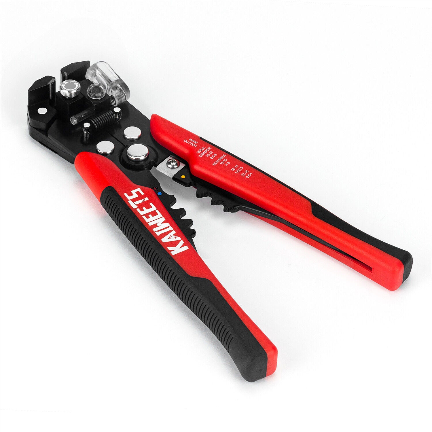 Kaiweets KWS-103 Self Adjusting Wire Stripper with adjustable knobs and rubber feet for stability.