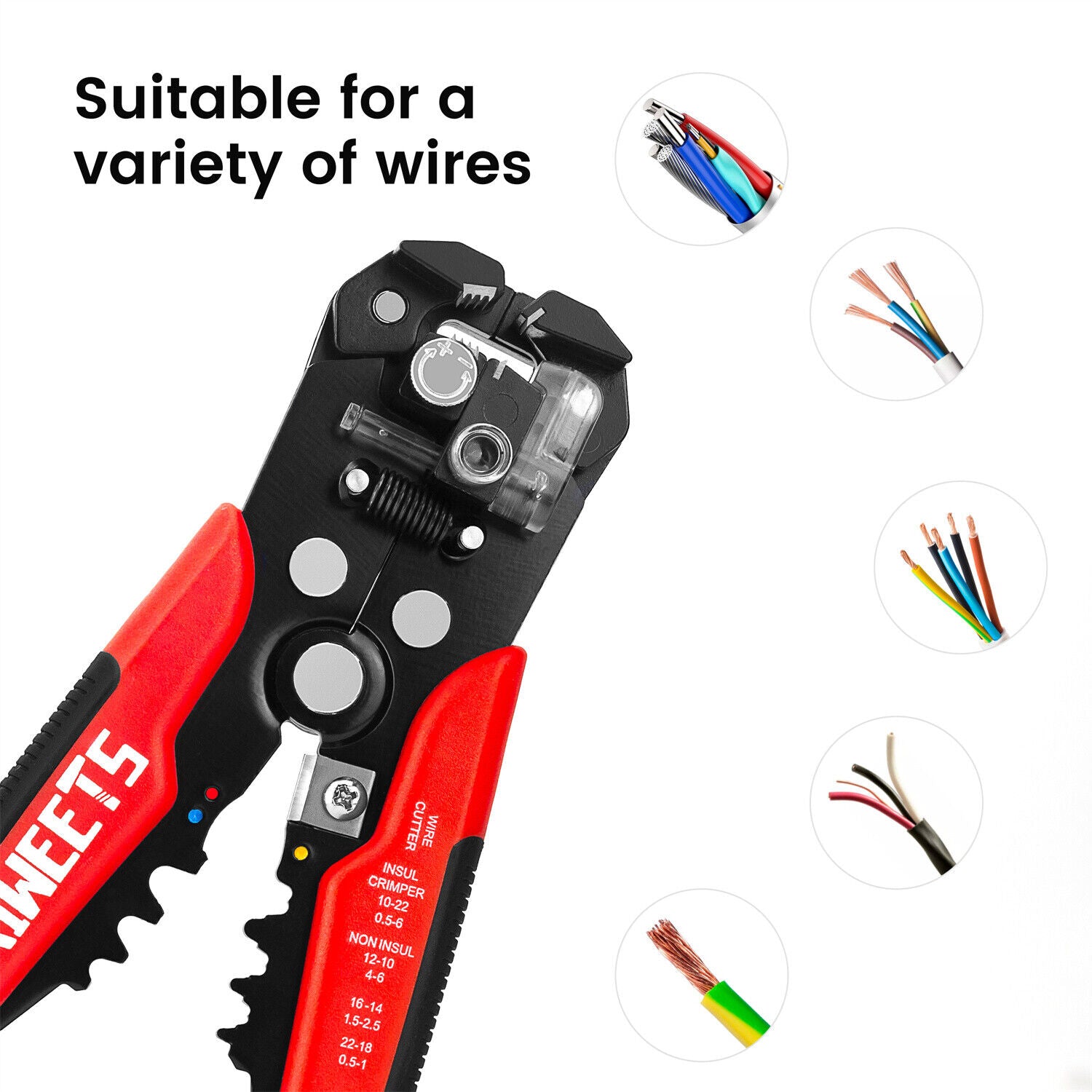 Kaiweets KWS-103 Self Adjusting Wire Stripper with adjustable knobs and rubber feet for stability.