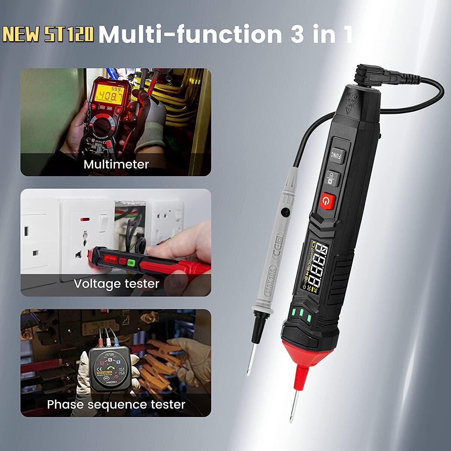 KAIWEETS ST120 Smart Pen Multimeter with digital display and probes for measuring AC/DC voltage.