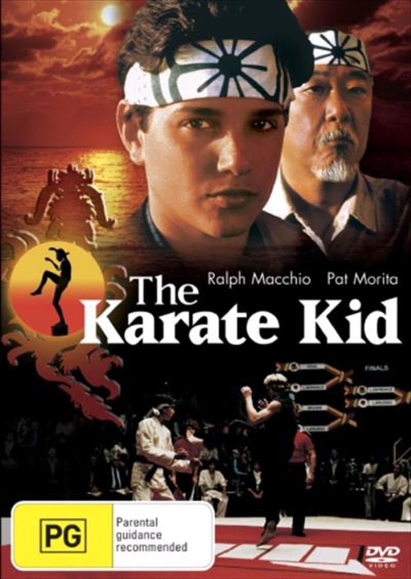 The Karate Kid DVD cover featuring Daniel and Mr. Miyagi in a martial arts pose, showcasing the film's iconic characters and themes.