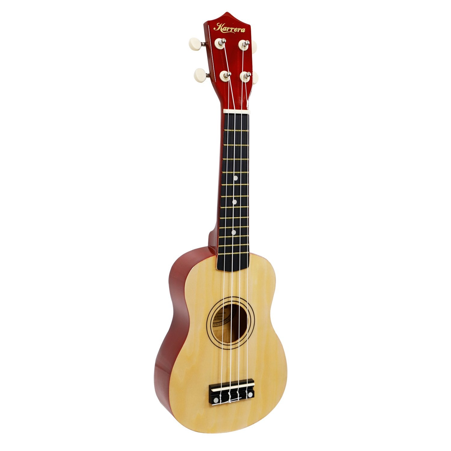 Karrera 21in Ukulele in natural wood finish, showcasing its high gloss surface and nylon strings, perfect for beginners and music enthusiasts.