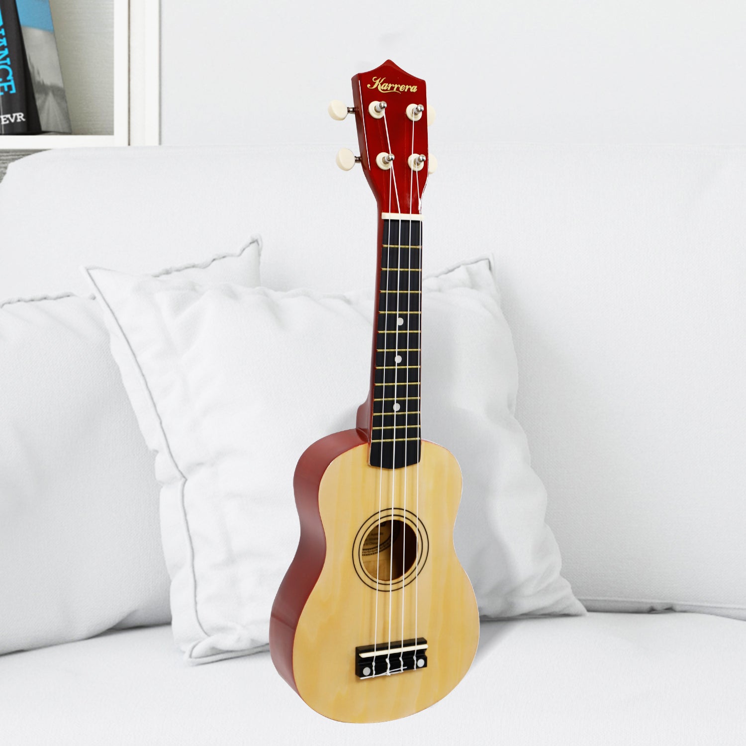 Karrera 21in Ukulele in natural wood finish, showcasing its high gloss surface and nylon strings, perfect for beginners and music enthusiasts.