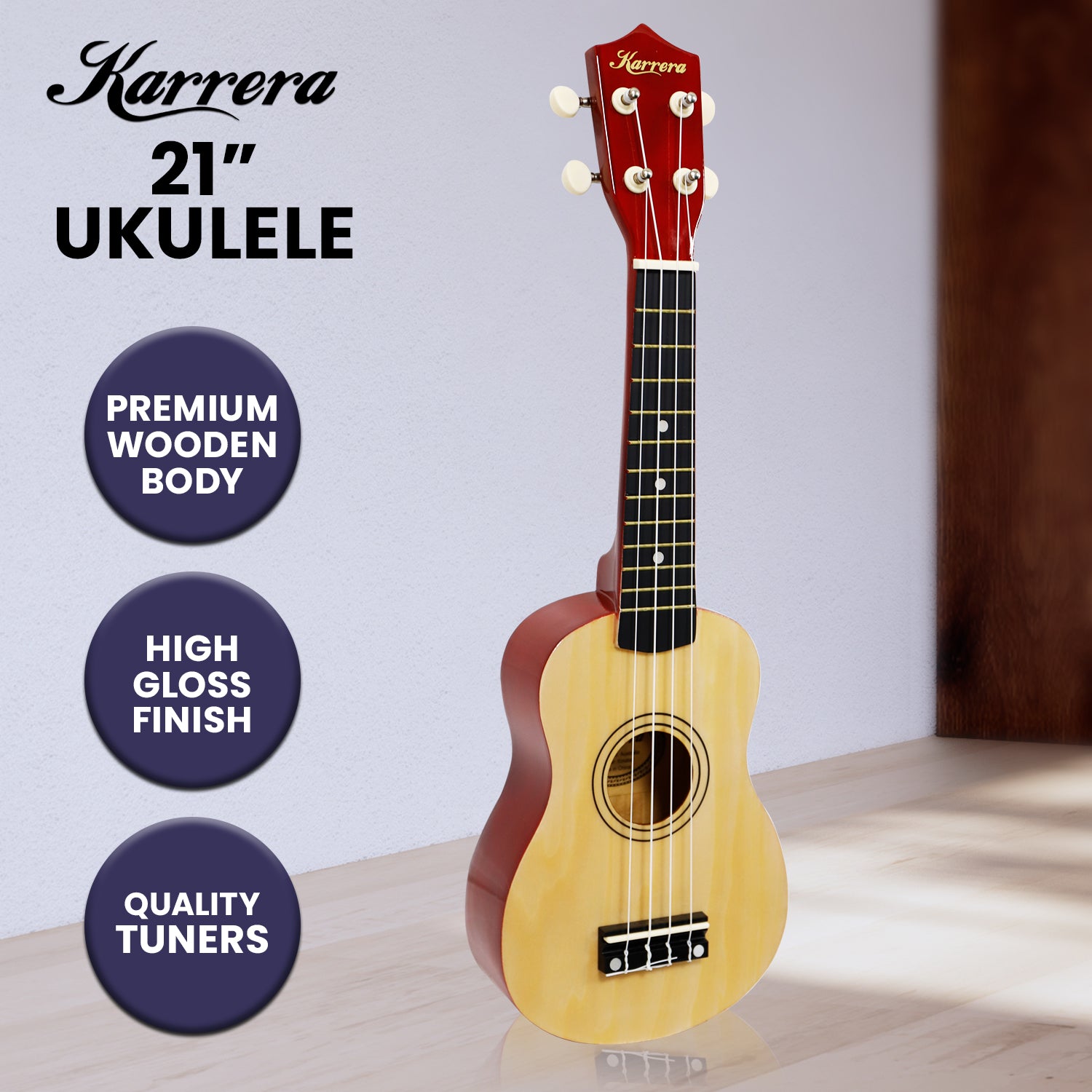 Karrera 21in Ukulele in natural wood finish, showcasing its high gloss surface and nylon strings, perfect for beginners and music enthusiasts.