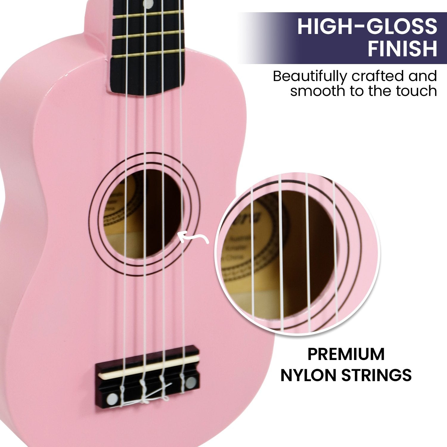 Karrera 21in Ukulele in Pink with high gloss finish and nylon strings, perfect for beginners.