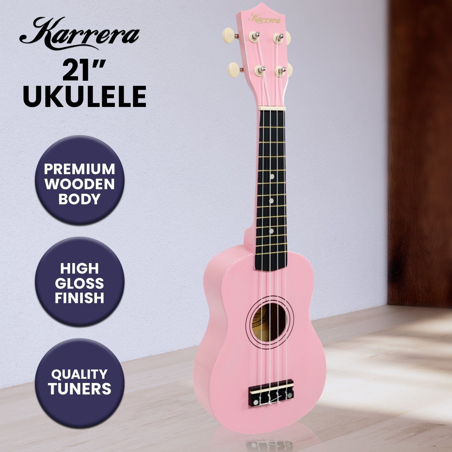 Karrera 21in Ukulele in Pink with high gloss finish and nylon strings, perfect for beginners.