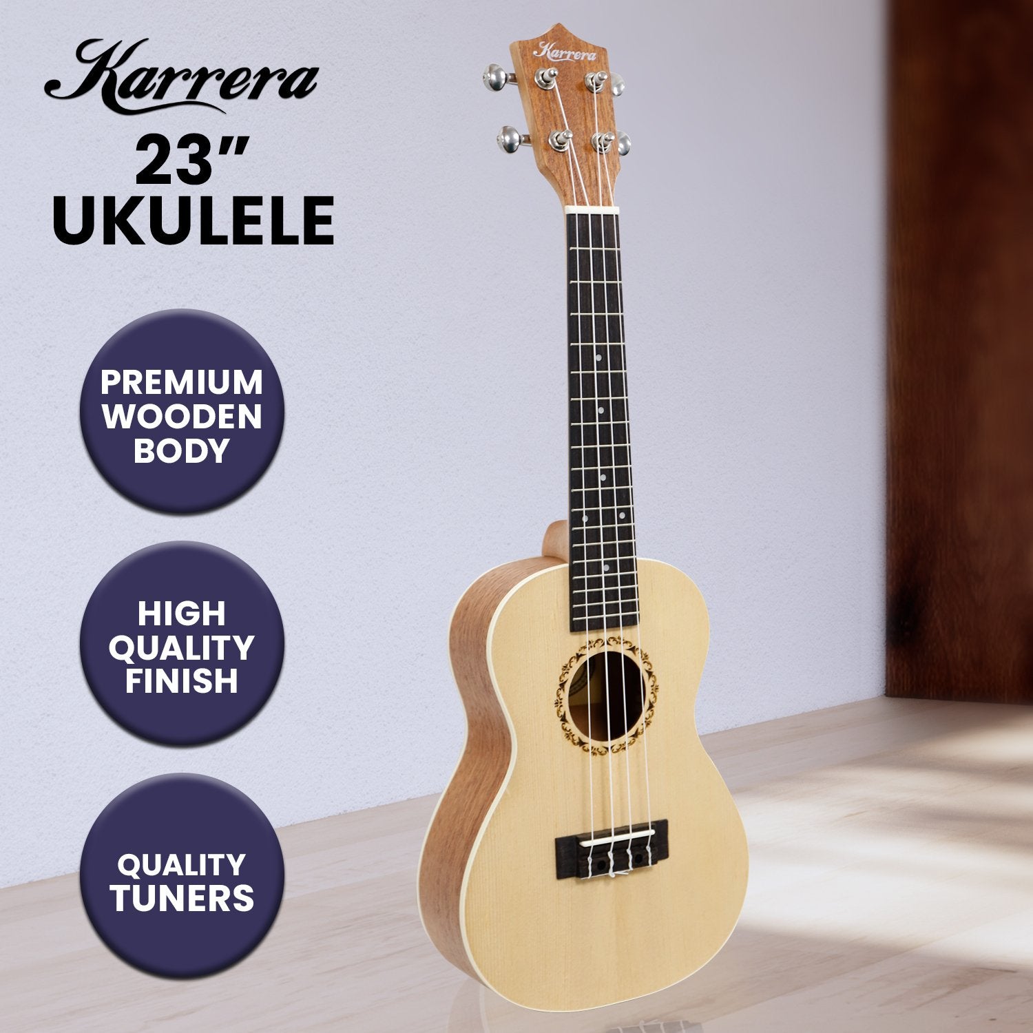 Karrera 23in Ukulele in natural finish, showcasing its high gloss surface and premium nylon strings.