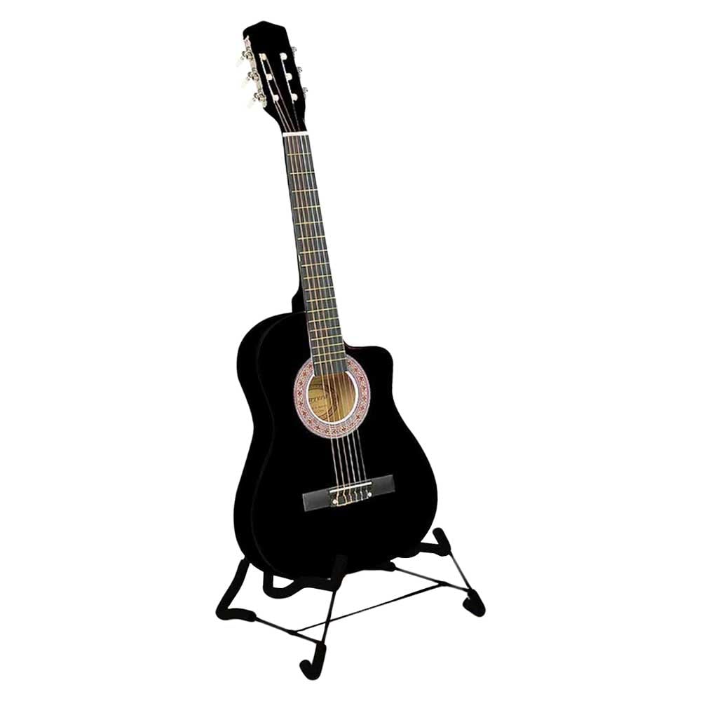 Karrera 38-inch Cutaway Acoustic Guitar in black with a high-gloss finish, displayed with a weatherproof carry bag and accessories.