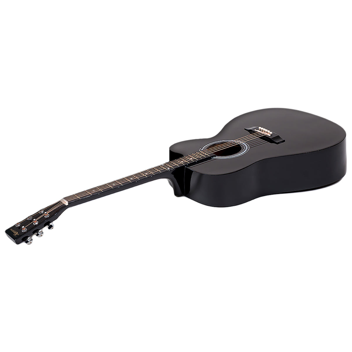 Karrera 38-inch Cutaway Acoustic Guitar in black with a high-gloss finish, displayed with a weatherproof carry bag and accessories.