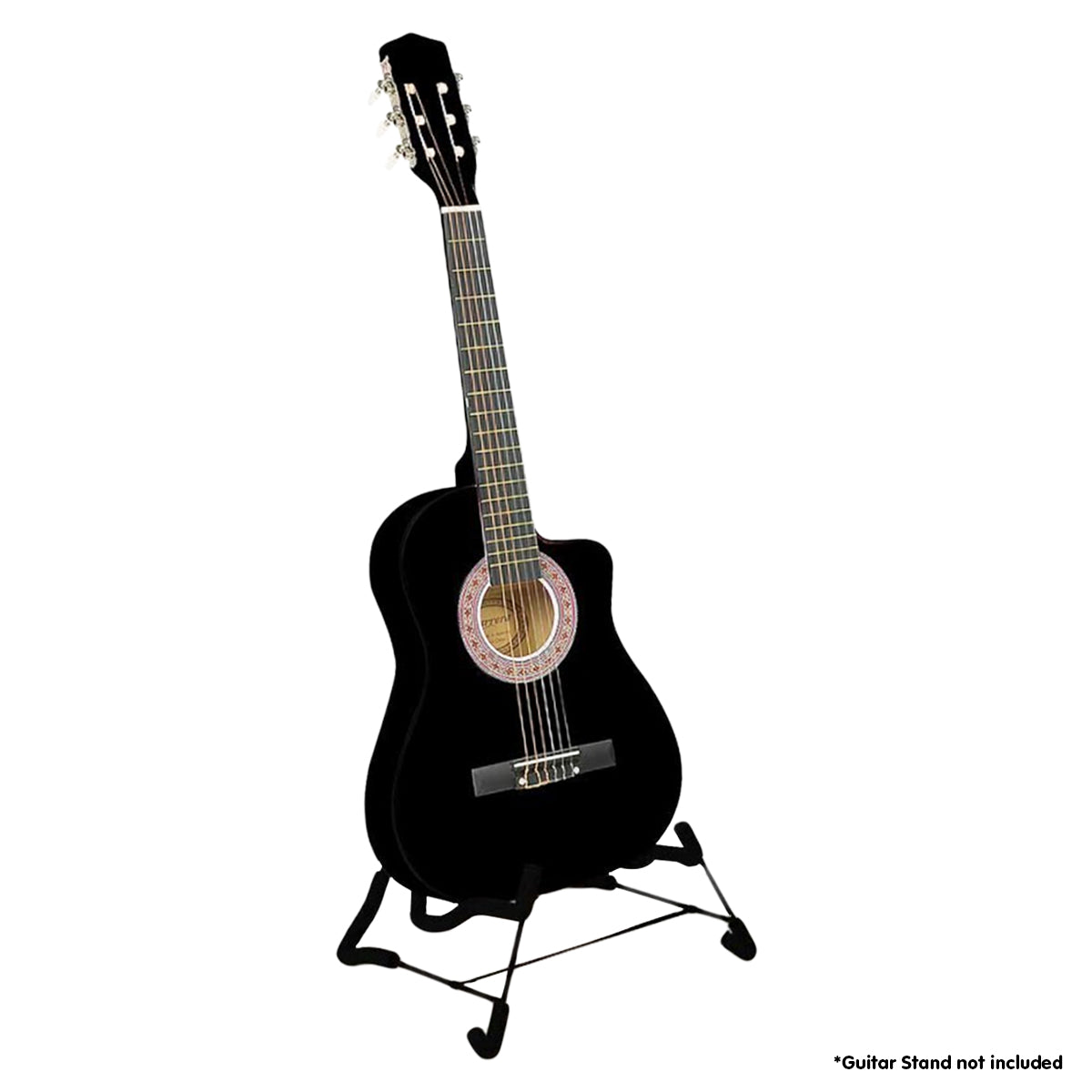 Karrera 38-inch Cutaway Acoustic Guitar in black with a high-gloss finish, displayed with a weatherproof carry bag and accessories.