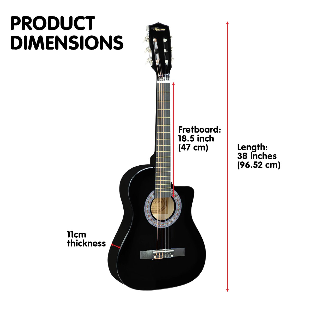 Karrera 38-inch Cutaway Acoustic Guitar in black with a high-gloss finish, displayed with a weatherproof carry bag and accessories.