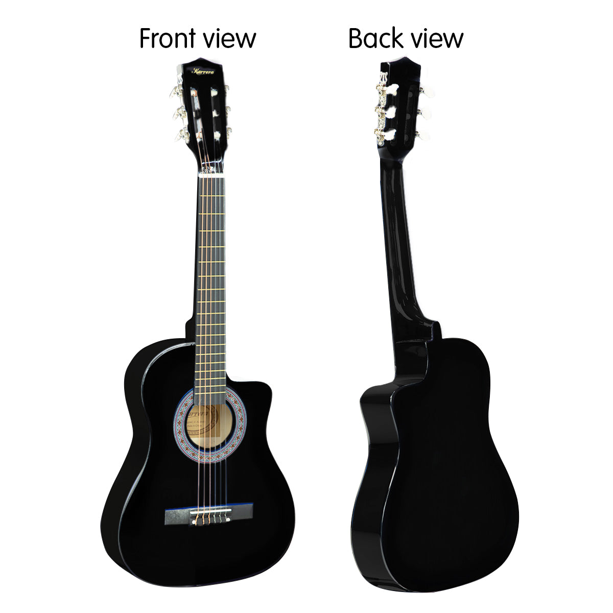 Karrera 38-inch Cutaway Acoustic Guitar in black with a high-gloss finish, displayed with a weatherproof carry bag and accessories.