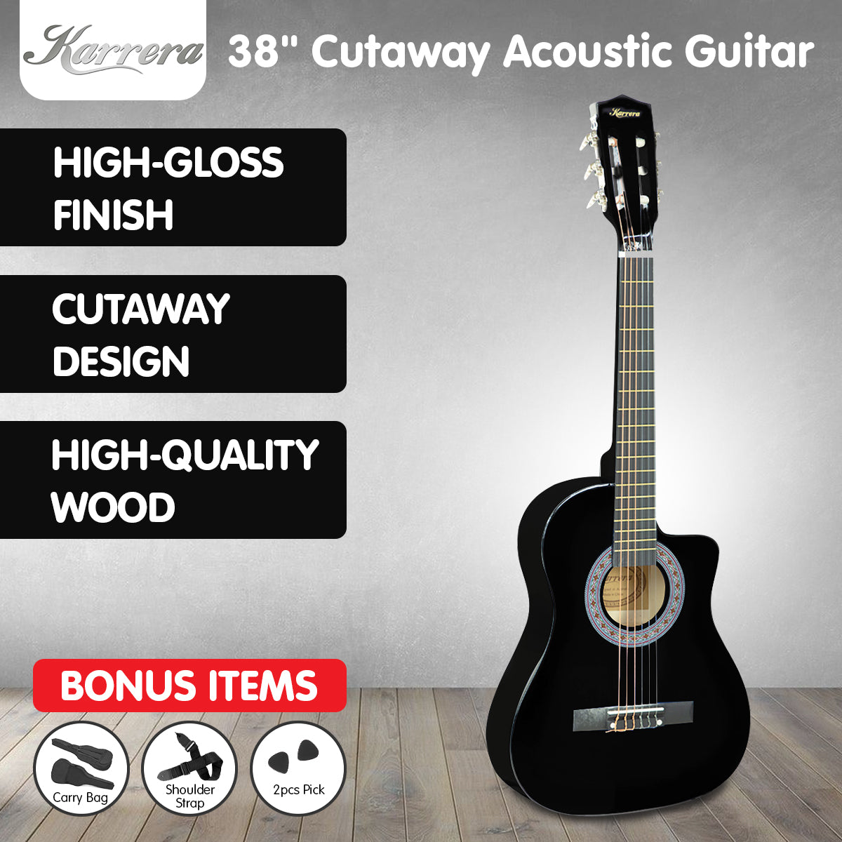 Karrera 38-inch Cutaway Acoustic Guitar in black with a high-gloss finish, displayed with a weatherproof carry bag and accessories.