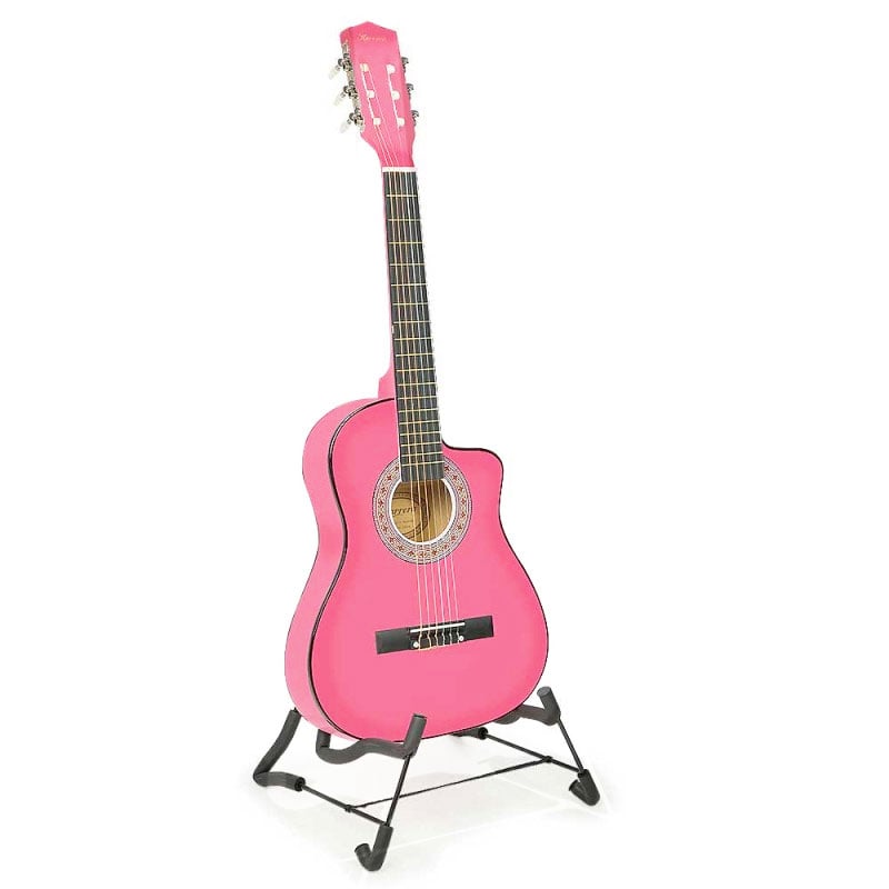 Karrera 38in Cutaway Acoustic Guitar in pink with a high-gloss finish, displayed with a weatherproof bag and accessories.