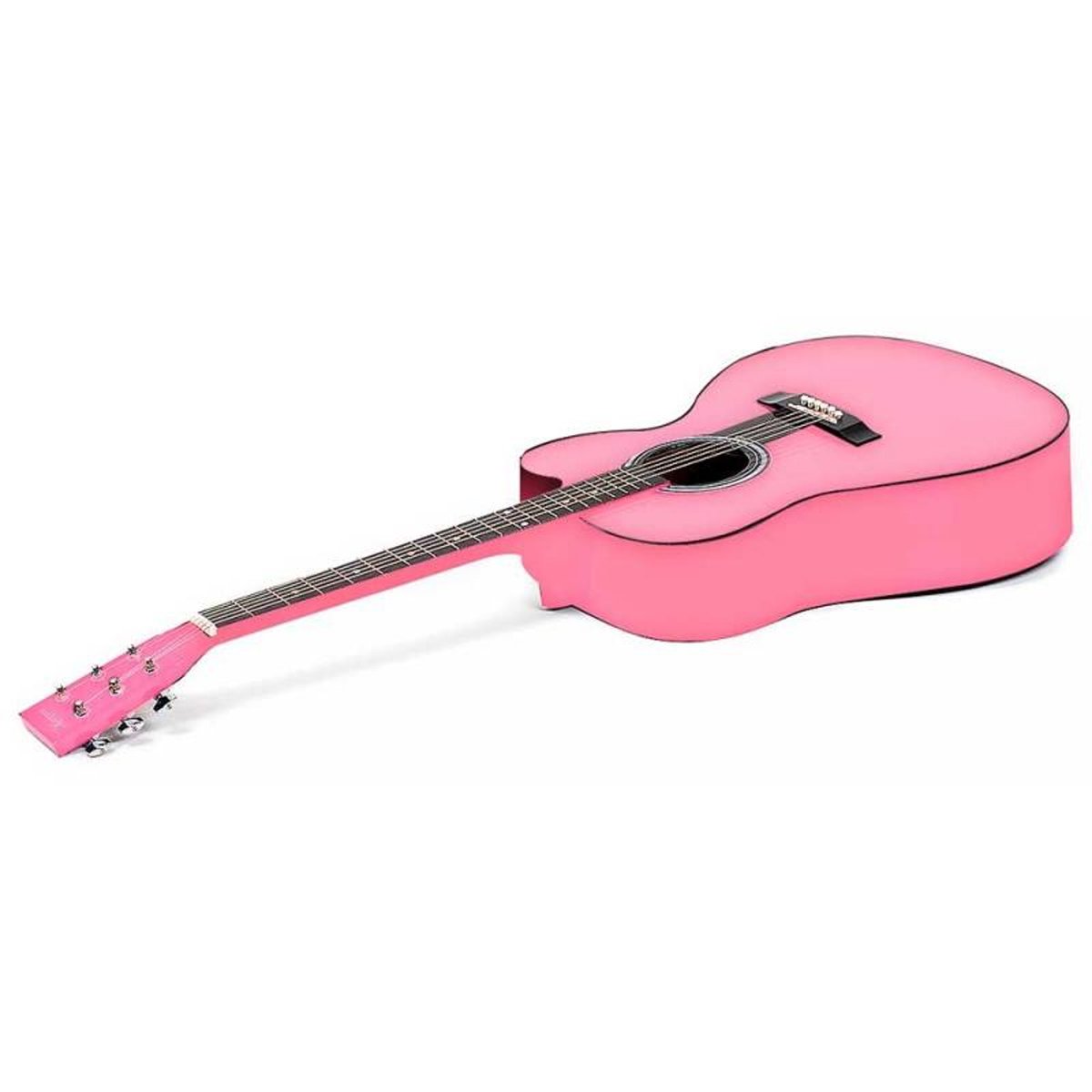 Karrera 38in Cutaway Acoustic Guitar in pink with a high-gloss finish, displayed with a weatherproof bag and accessories.