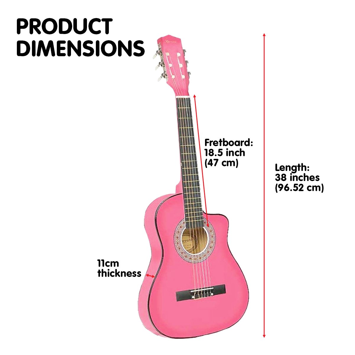 Karrera 38in Cutaway Acoustic Guitar in pink with a high-gloss finish, displayed with a weatherproof bag and accessories.