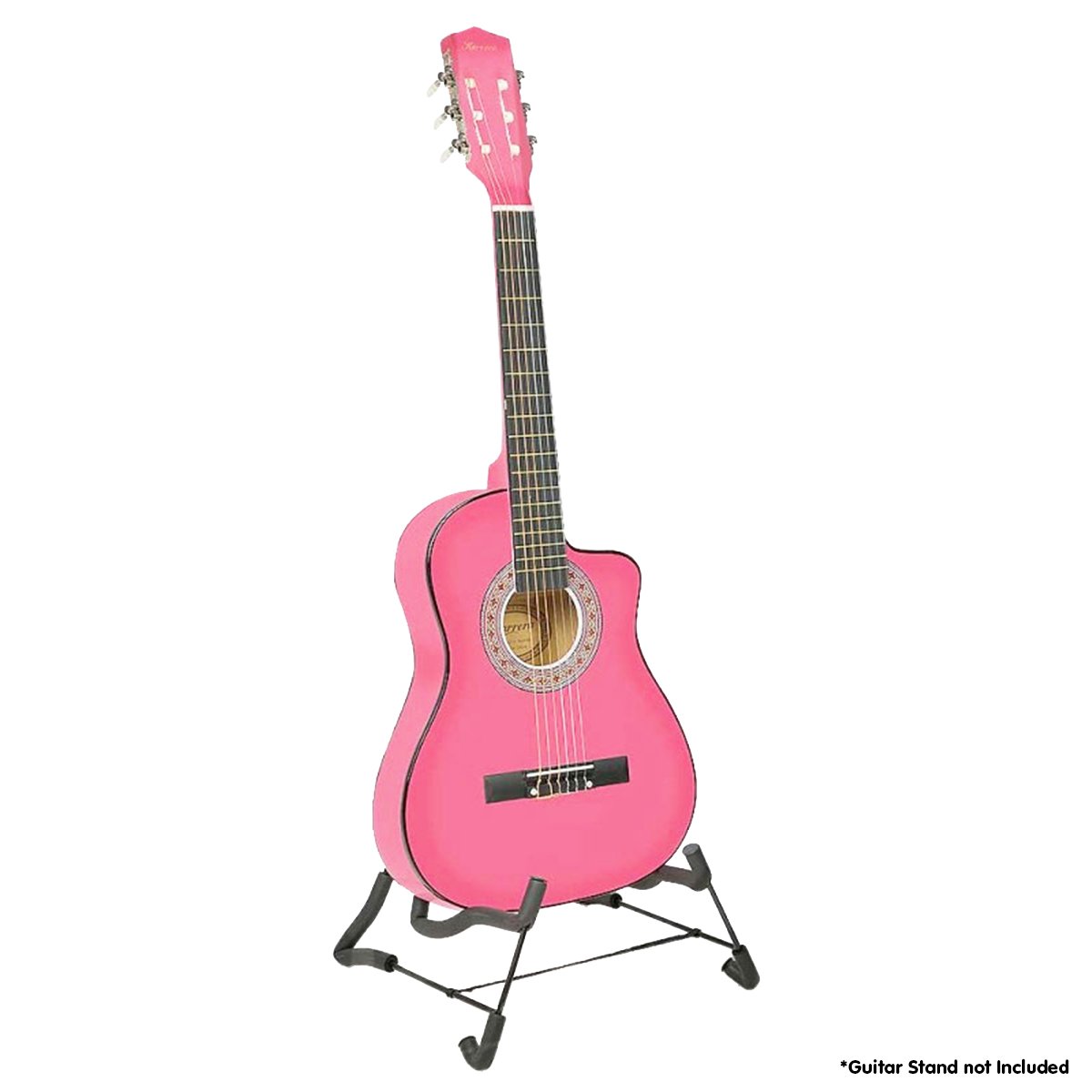 Karrera 38in Cutaway Acoustic Guitar in pink with a high-gloss finish, displayed with a weatherproof bag and accessories.