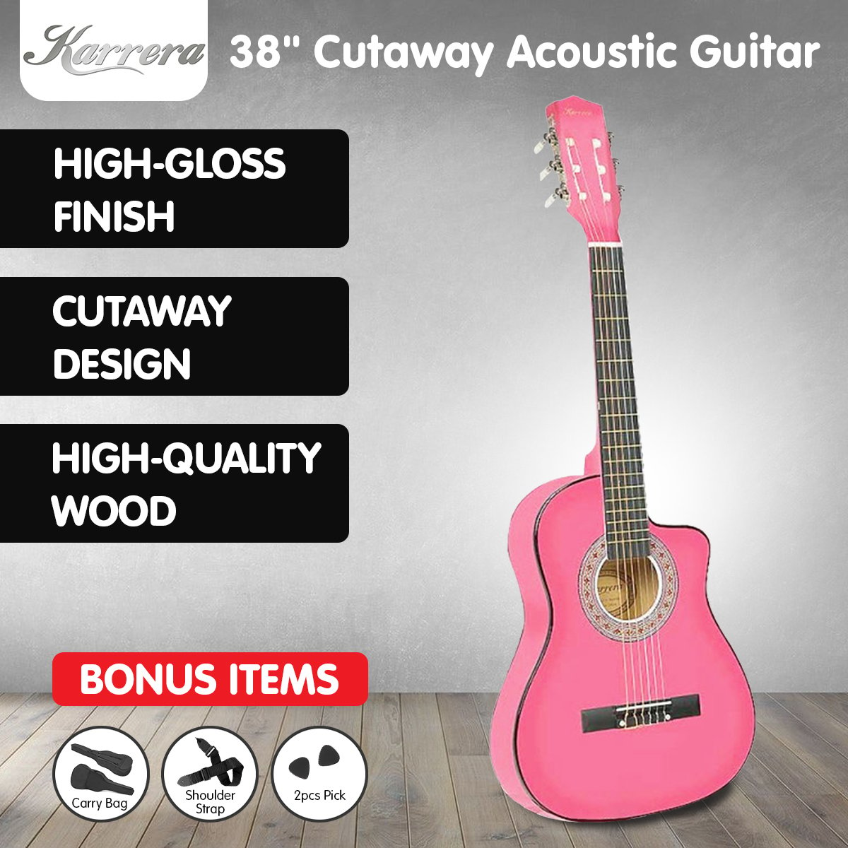 Karrera 38in Cutaway Acoustic Guitar in pink with a high-gloss finish, displayed with a weatherproof bag and accessories.