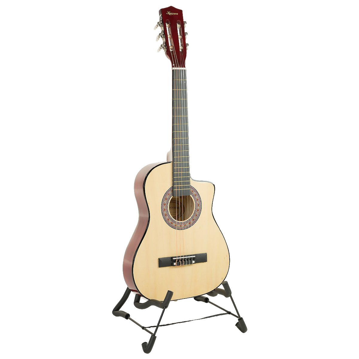 Karrera 38in Pro Cutaway Acoustic Guitar in natural finish with accessories including a guitar bag, capo, and picks.