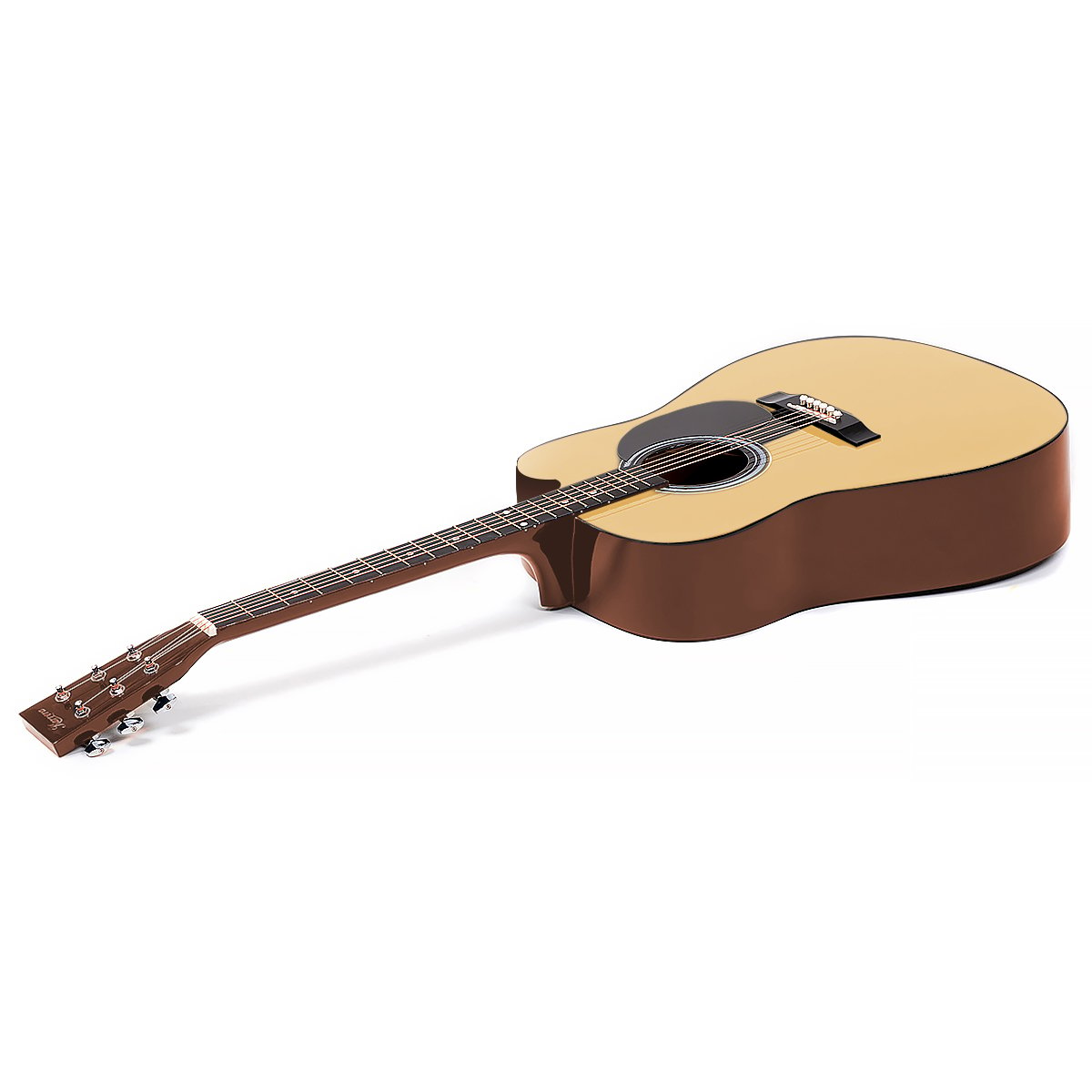 Karrera 38in Pro Cutaway Acoustic Guitar in natural finish with accessories including a guitar bag, capo, and picks.