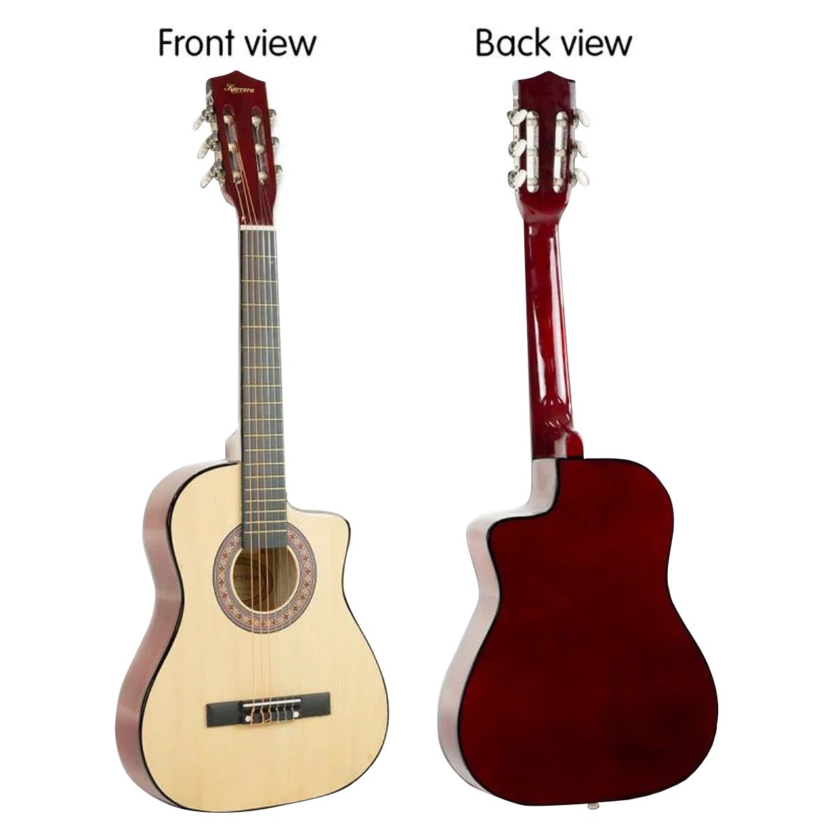 Karrera 38in Pro Cutaway Acoustic Guitar in natural finish with accessories including a guitar bag, capo, and picks.